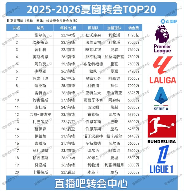 夏窗目前转会TOP20:维尔茨1.25亿标王利物浦占据前二 