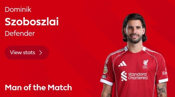 毫无悬念！官方：索博斯洛伊当选利物浦vs阿森纳全场最佳