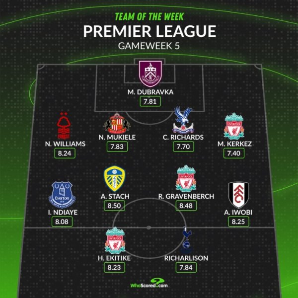 WhoScored英超第5轮最佳阵：埃基蒂克、理查利森在列，