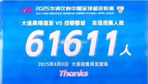 记者：今晚大连英博主场作战  61611人，本赛季已有7次主