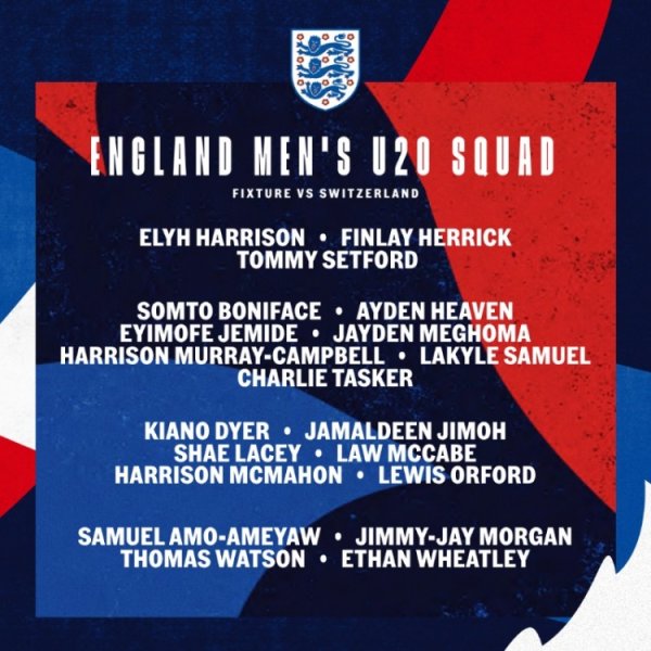 英格兰U20名单：海文、谢伊-莱西、塞特福德、沃特森在列