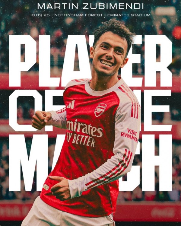 阿森纳官方：苏维门迪当选3-0诺丁汉森林的球迷票选队内最佳球