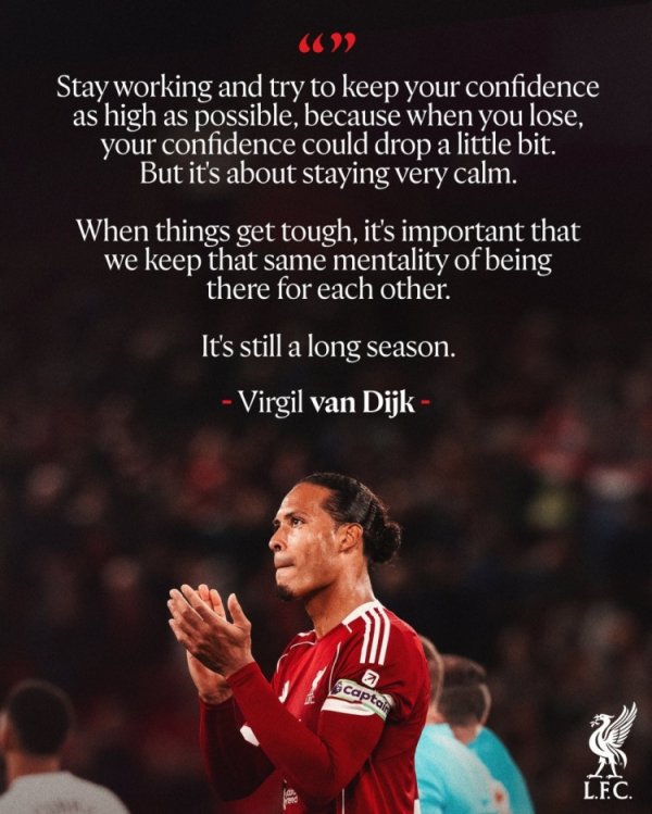 范戴克谈双红会失败  ：我们要保持冷静相互扶持，赛季还很漫长