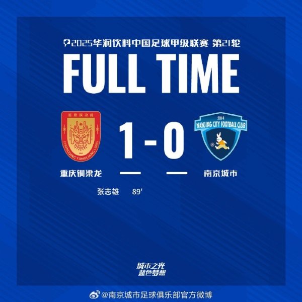 全场赛事  结束，南京城市客场应战    0:1负于重庆铜梁